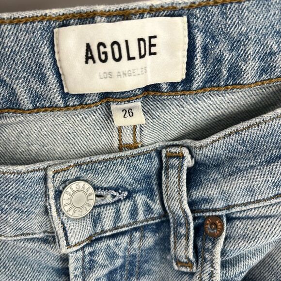 Agolde women’s Merrel mid rise straight leg light wash raw hem jean size 26 - Picture 2 of 6